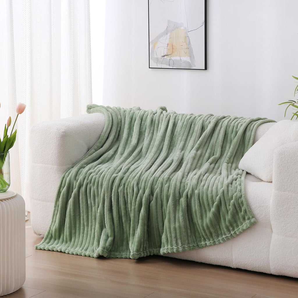 Sage Green Fleece Throw Blanket 50”×60” for Couch Sofa Bed,Super Soft Cozy Plush Microfiber Flannel Blanket with Stripes Design Lightweight for Adults,Woman,Girls
