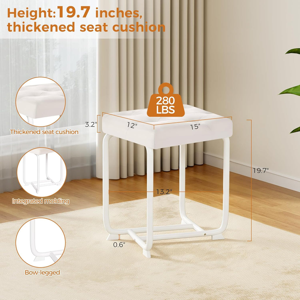 White Vanity Chair, Leather Vanity Stool, Small Stool Chair for Vanity, Square Ottoman Foot Stool, Makeup Vanity Chairs with Thick Padded Seat for Bathroom, Bedroom, Entryway, KFD01W