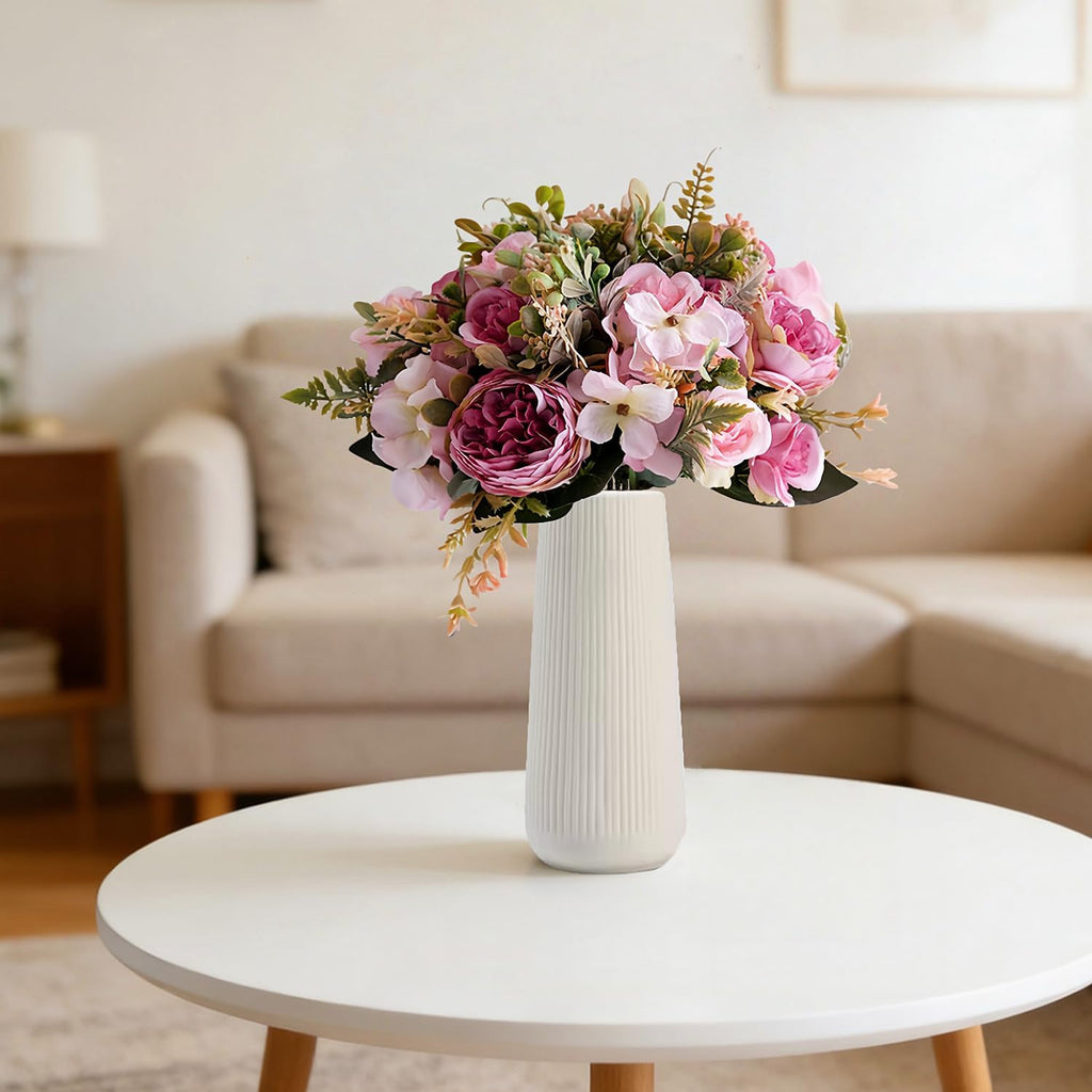 Ceramic Vase for Flower, Matte Black Ribbed Ceramic Vase for Home Decor, Nordic Minimalist Vase for Pampas Grass, Flowers Vases for Kitchen, Living Room, Bedroom, Office, Shelf Table (White)