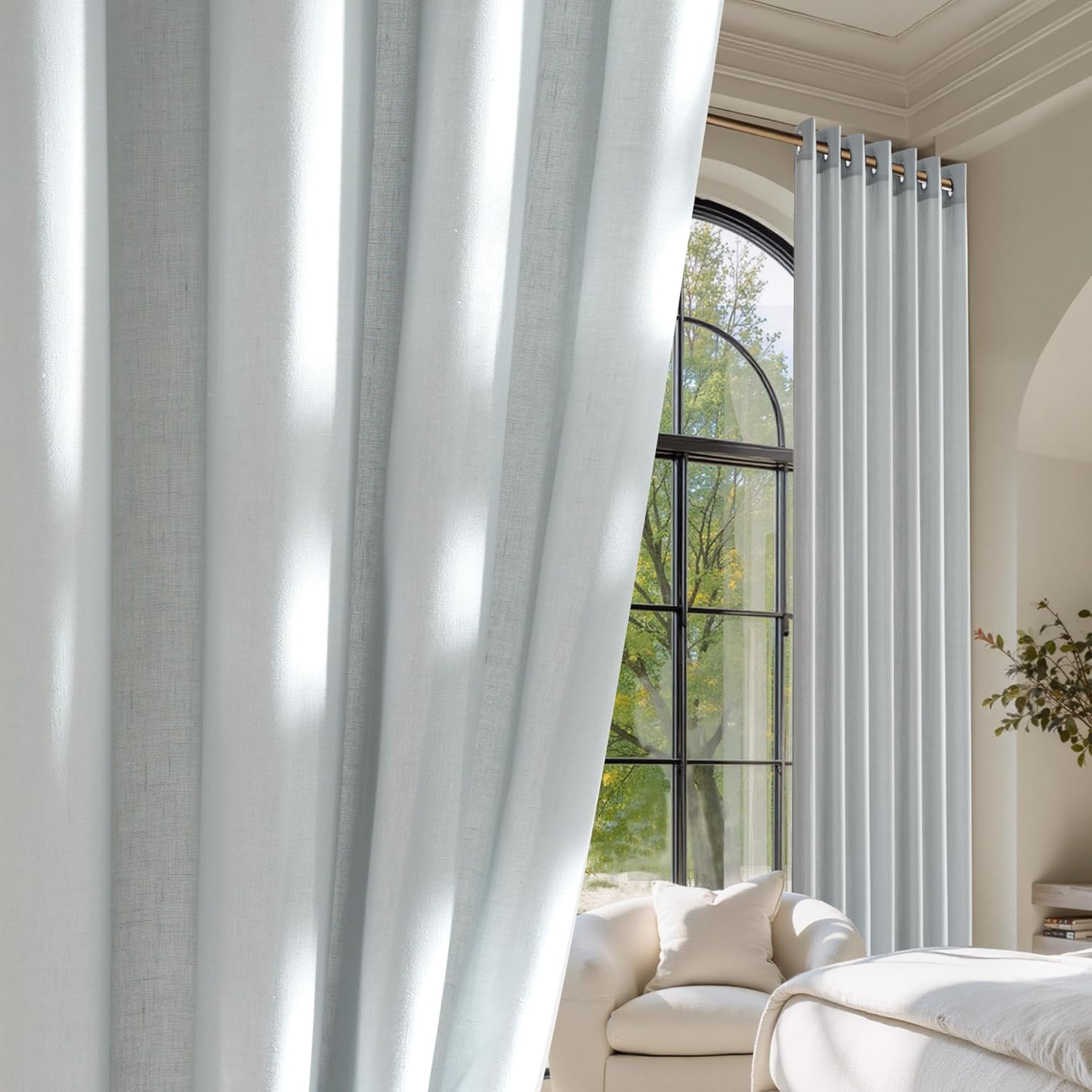 Natural Linen Curtains 84 inch Long 2 Panels Set, Grommet Top Thick Linen Burlap Semi Sheer Vertical Drapes Privacy Assured with Light Filtering for Bedroom/Living Room, W55 x L84
