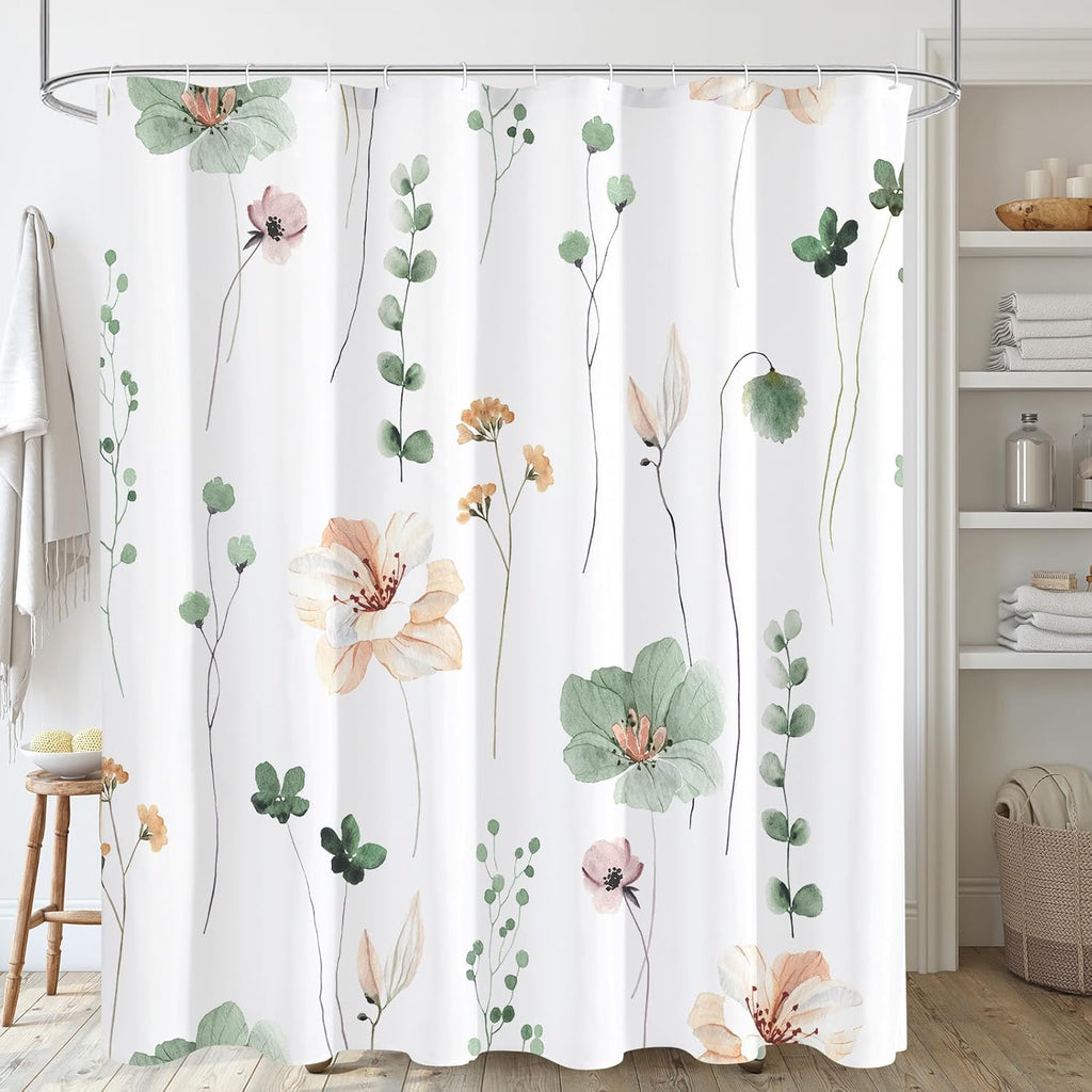 Watercolor Floral Shower Curtain, Sage Green Beige Flower Shower Curtain for Bathroom, Modern Minimalist White Waterproof Fabric Shower Curtain Set 72x72 Inch