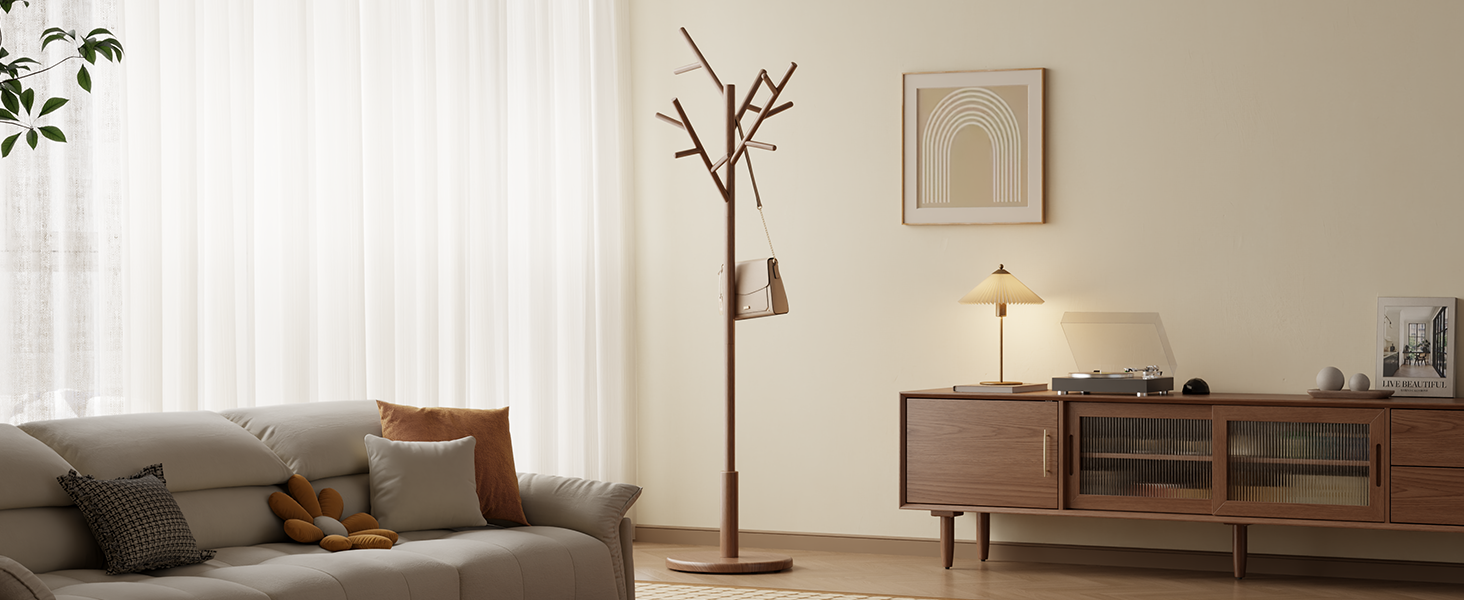 Coat Rack,Solid Wood Coat Rack Freestanding with 12 Hooks,Coat tree freestanding 3 Adjustable Heights for coat, Hats, Handbags，Coat Stand for Entryway,Bedroom (Walnut)