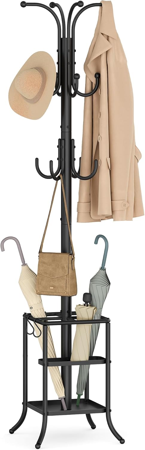 Coat Rack Freestanding with Umbrella Holder, Metal Coat Rack Stand with 12 Hooks, for Entryway, Hallway, Living Room, Bedroom, Ink Black URCR082BH02S